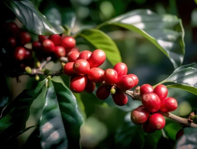 granos de cafe maduro Fotos de Granos de café maduro aún en la planta